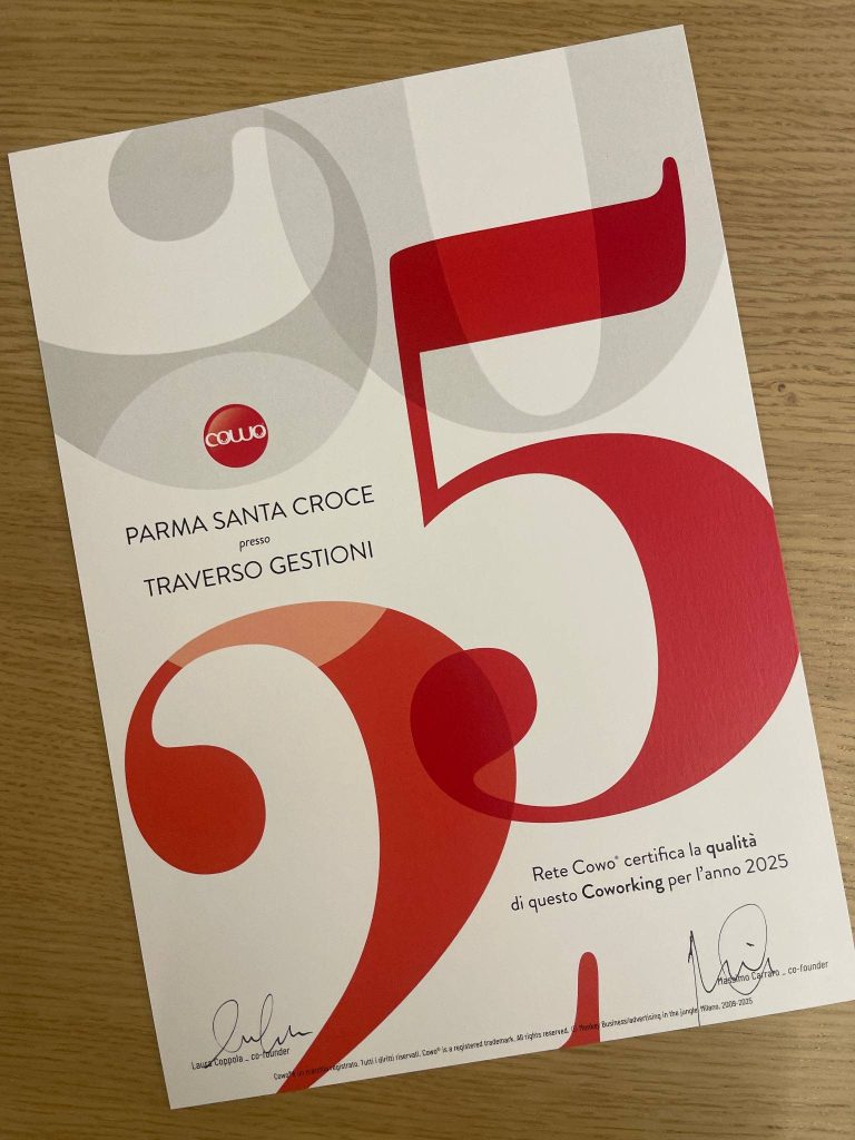 Attestato di Qualità Rete Cowo® 2025 assegnato a Coworking Parma Santa Croce presso Traverso Gestioni.